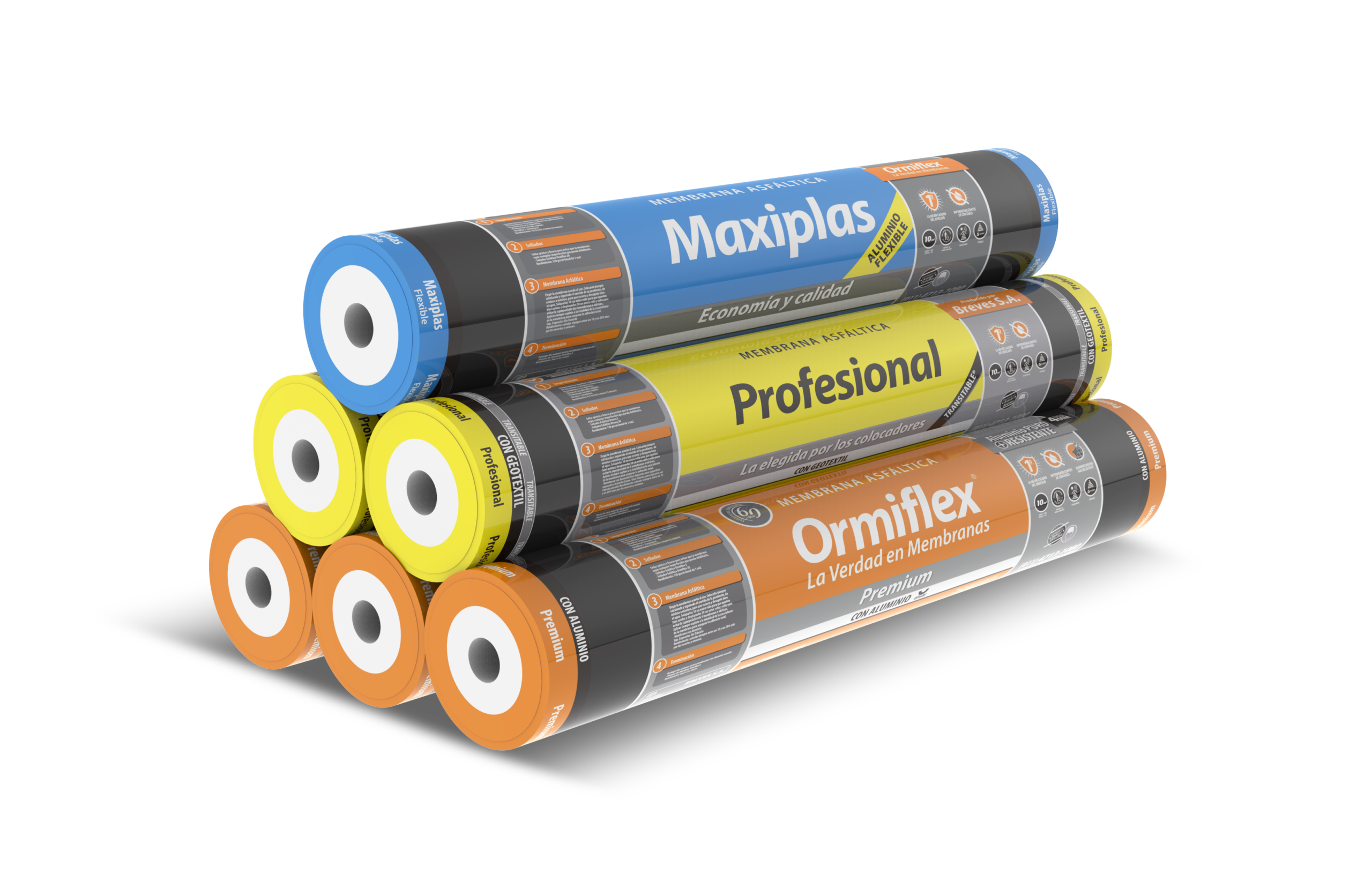 Variedad de rollos de membranas Ormiflex apilados